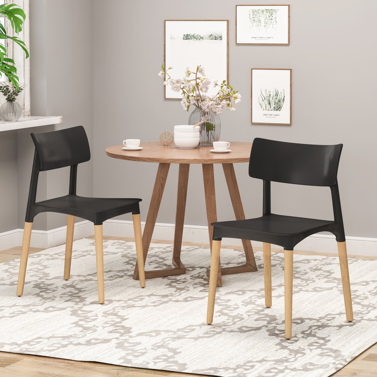 Isabel Modern Dining Chair With Beech Wood Legs (Set Of 2). White And Natural Finish - Black + Natural