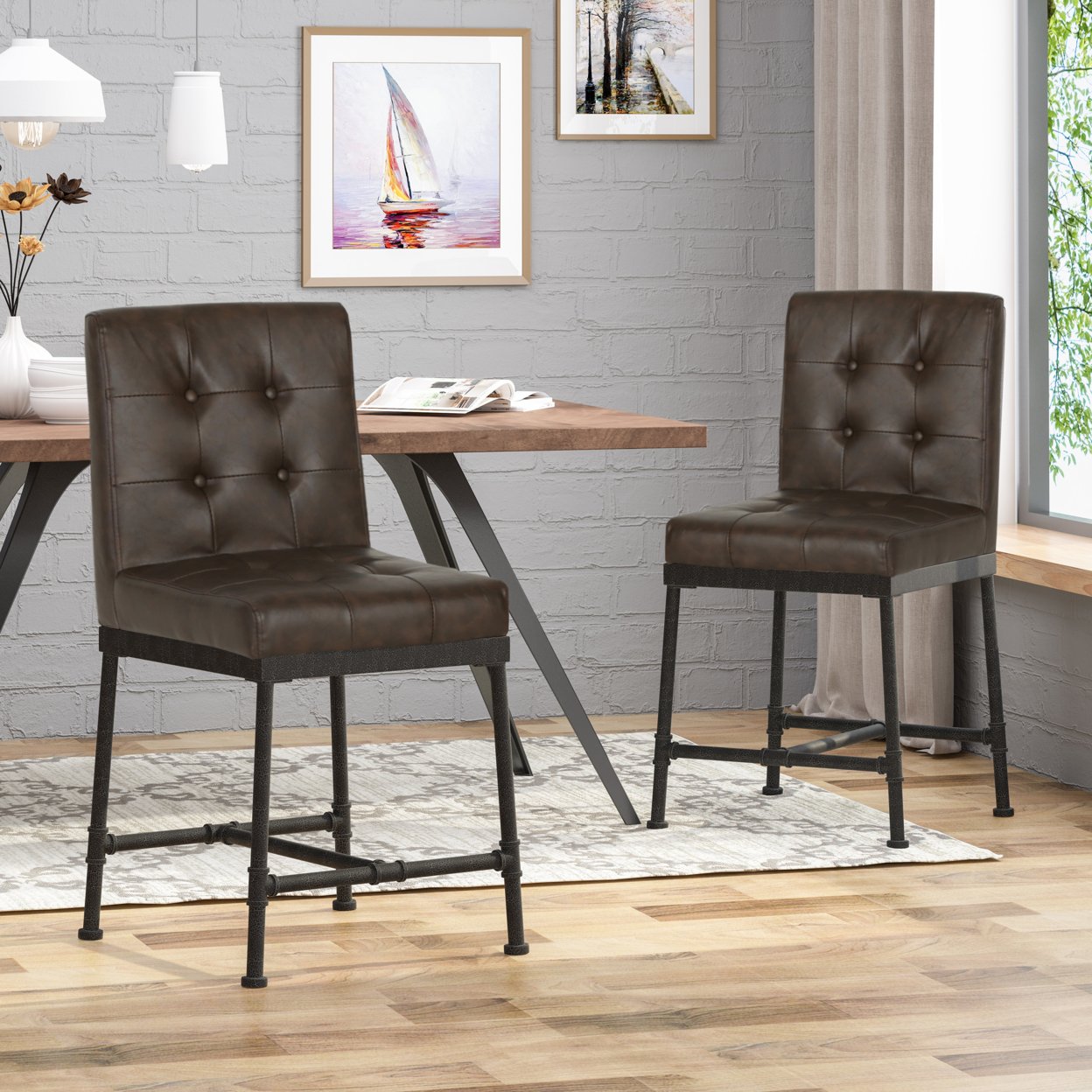 Savannah Industrial Modern 24 Counter Stool With Faux Leather Backing And Metal Pipe Base (Set Of 2) - Dark Brown + Black