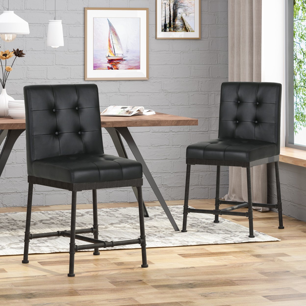 Savannah Industrial Modern 24 Counter Stool With Faux Leather Backing And Metal Pipe Base (Set Of 2) - Black + Black