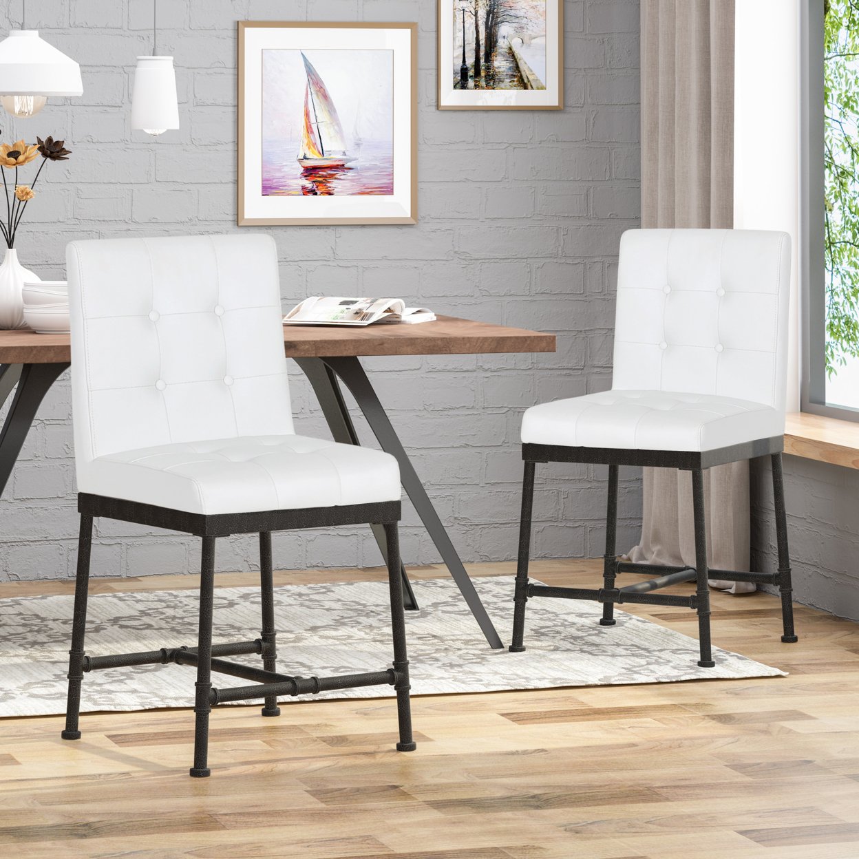Savannah Industrial Modern 24 Counter Stool With Faux Leather Backing And Metal Pipe Base (Set Of 2) - White + Black