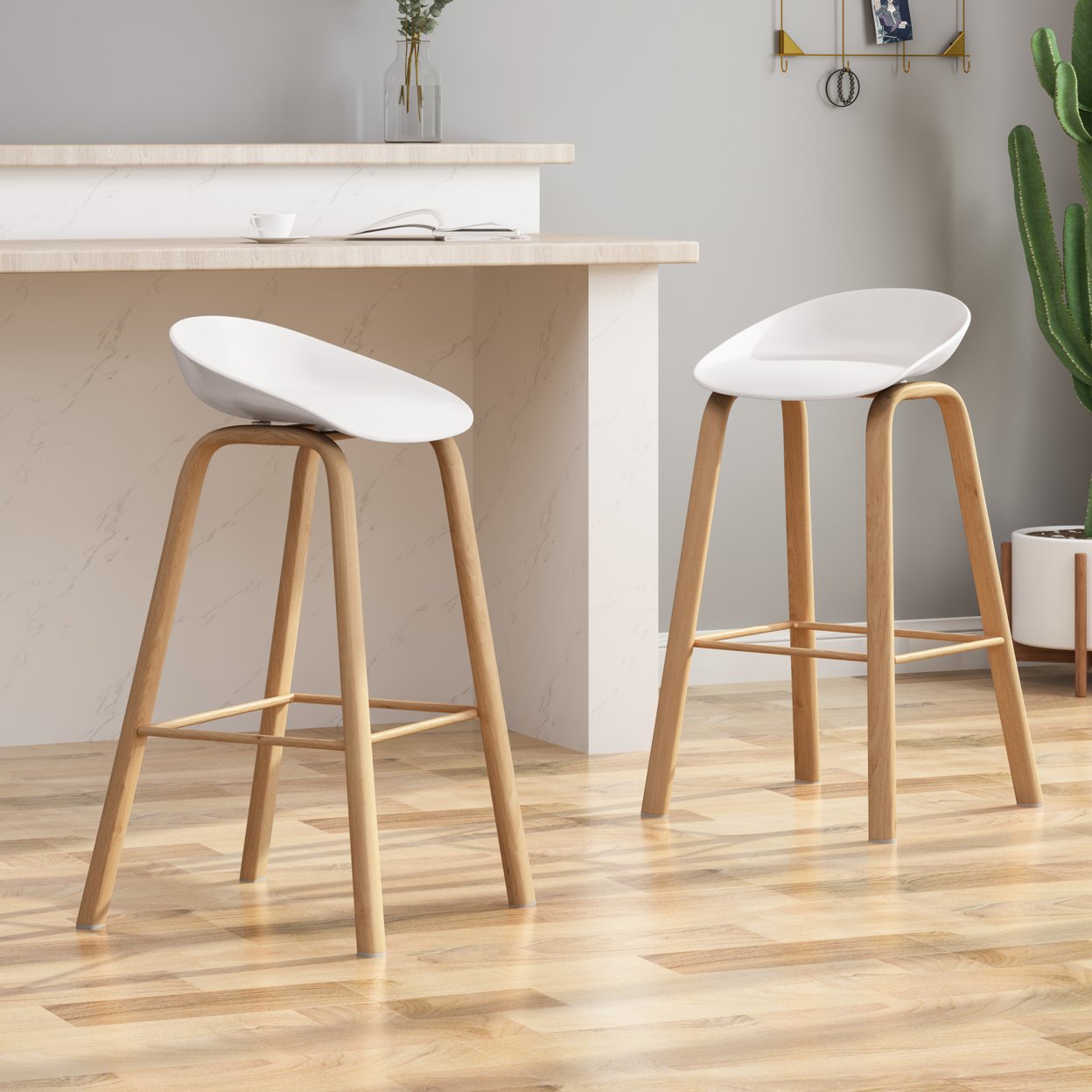 Morgan 30 Modern Barstool With Iron Legs (Set Of 2) - White + Natural Wood Finish