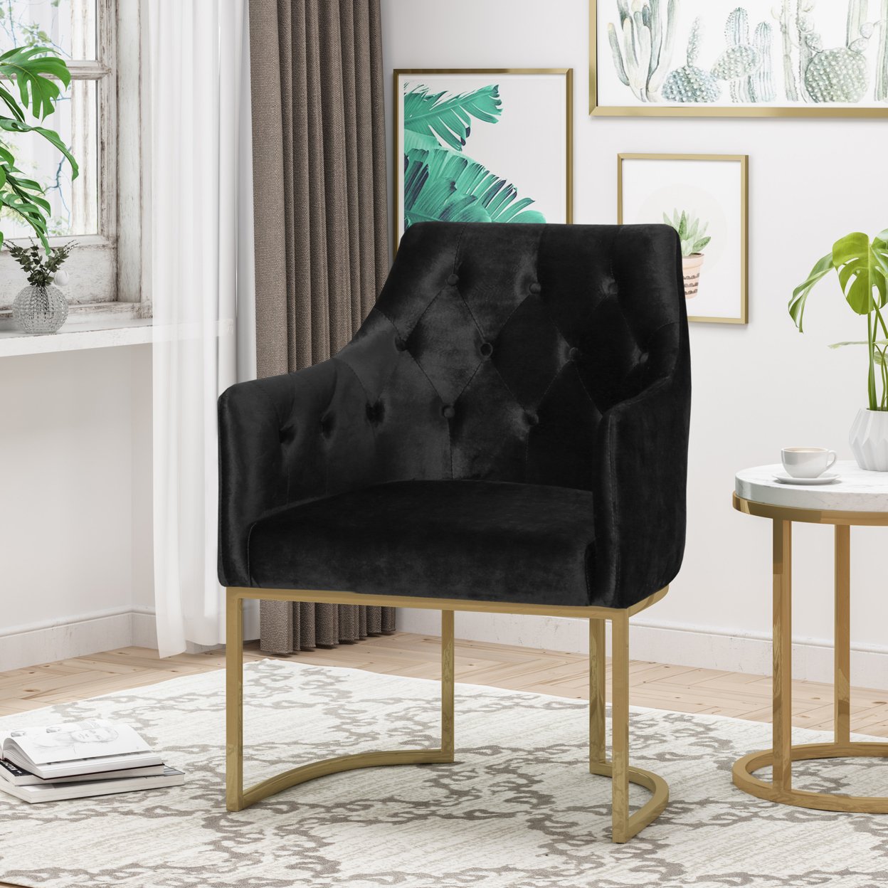 Fern Modern Tufted Glam Accent Chair With Velvet Cushions And U-Shaped Base - Black + Gold