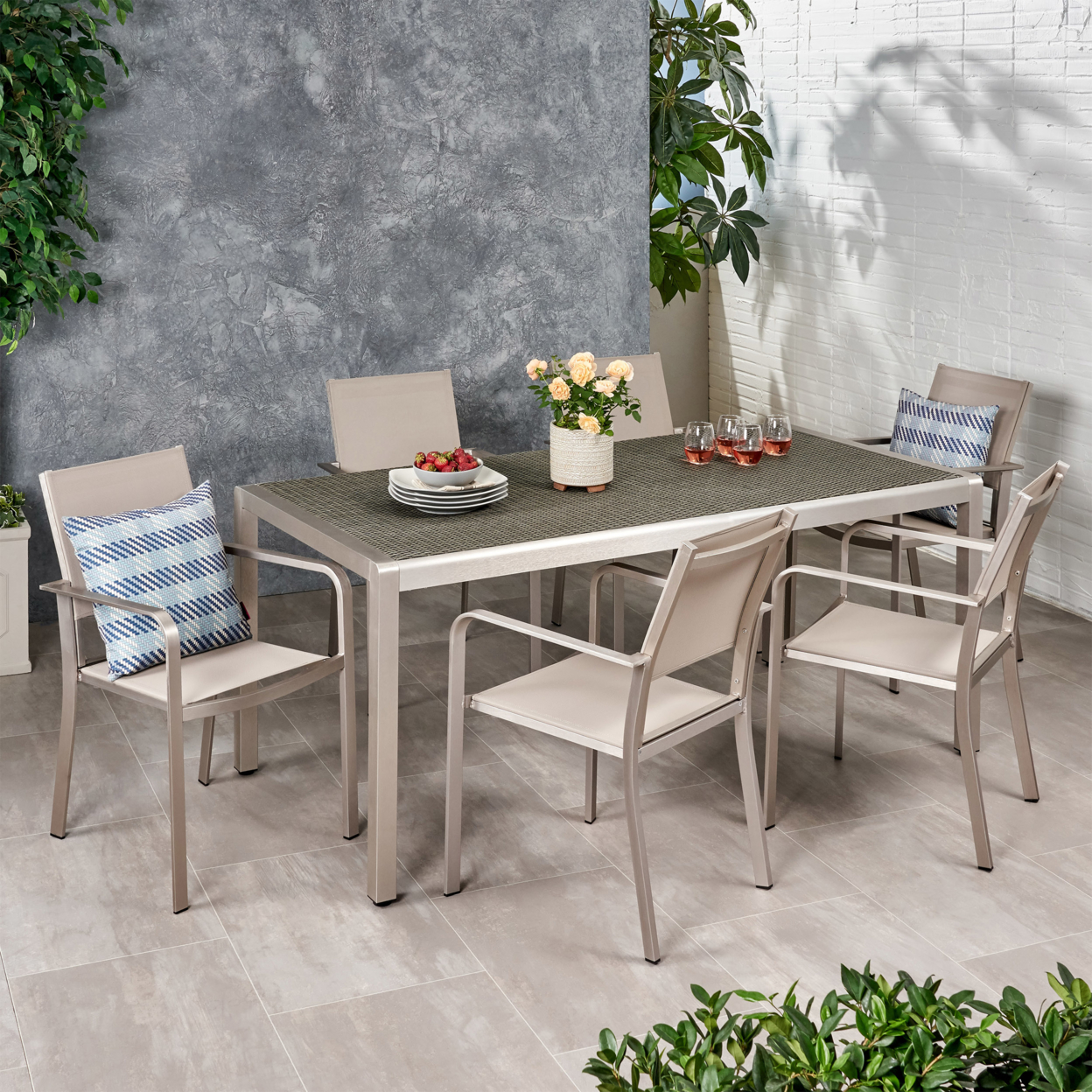 Fairy Outdoor Modern 6 Seater Aluminum Dining Set With Wicker Table Top - Aluminum + Faux Rattan + Outdoor Mesh