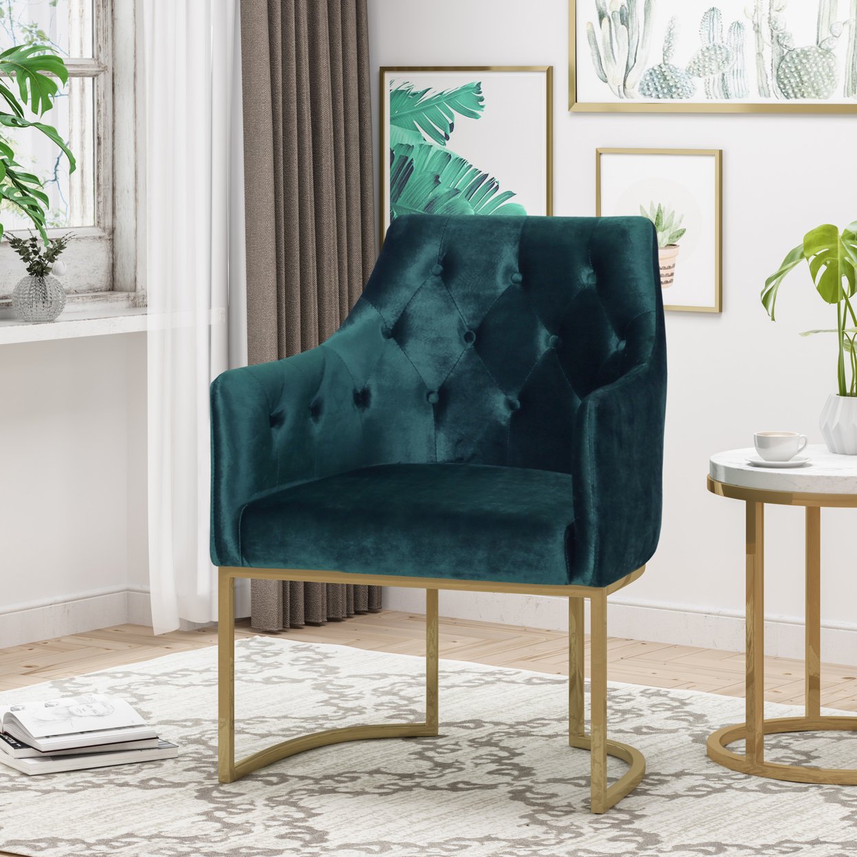 Fern Modern Tufted Glam Accent Chair With Velvet Cushions And U-Shaped Base - Teal + Gold