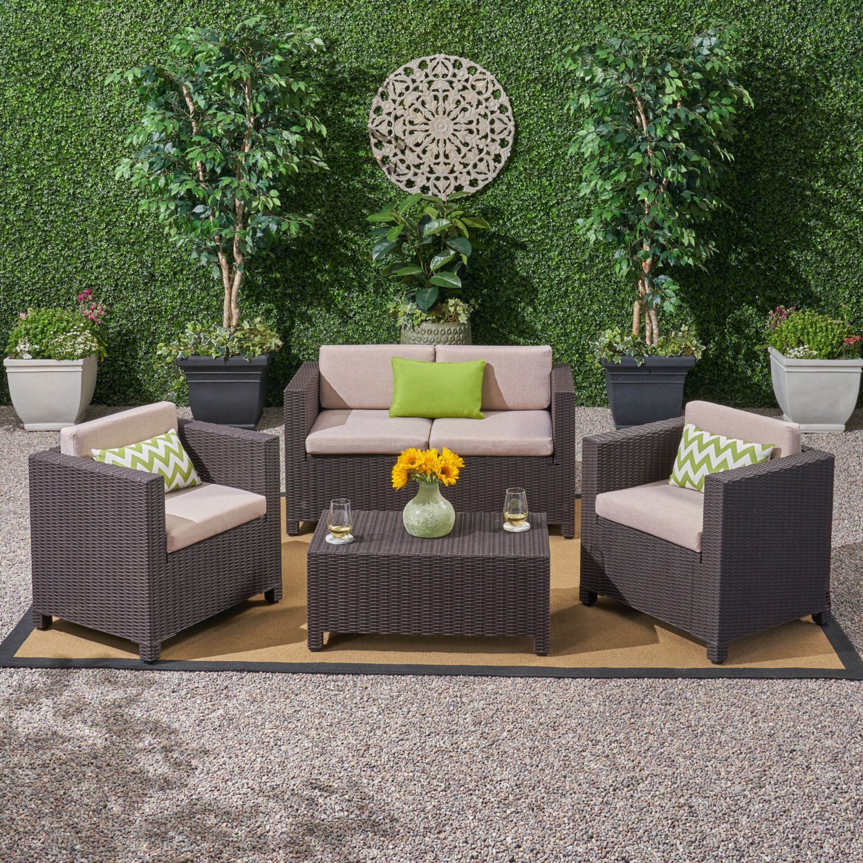 Riley Outdoor All Weather Faux Wicker 4 Seater Chat Set With Cushions - Dark Brown + Beige