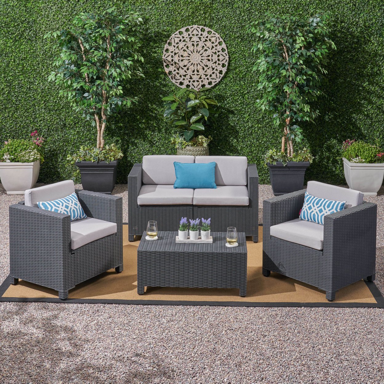 Riley Outdoor All Weather Faux Wicker 4 Seater Chat Set With Cushions - Dark Gray + Gray