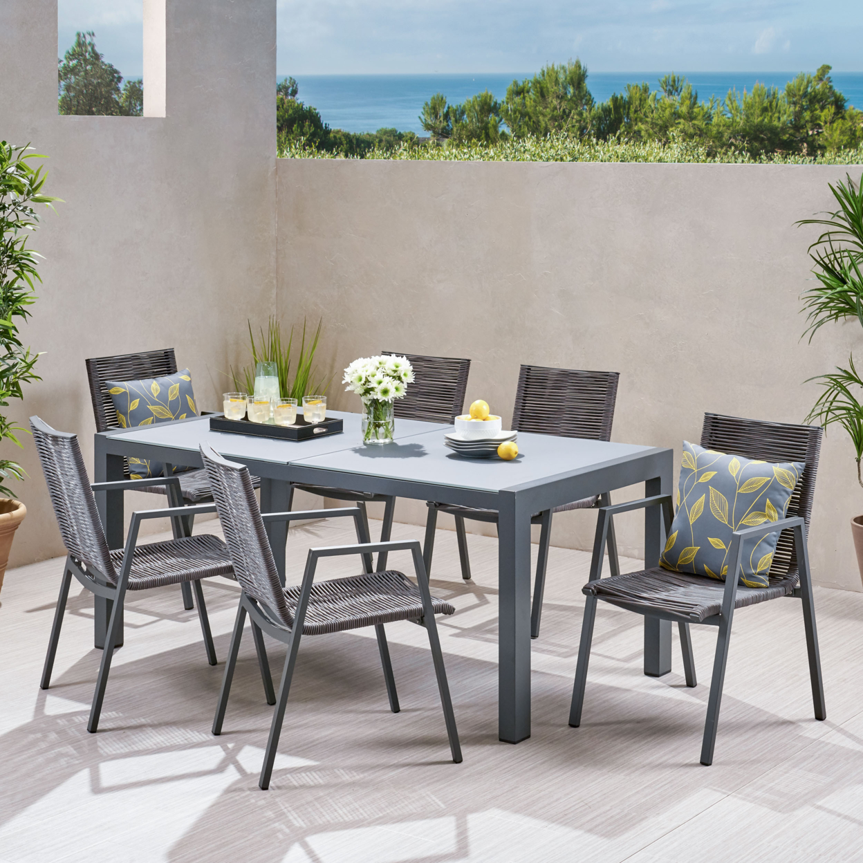 Beenle Outdoor Modern 6 Seater Aluminum Dining Set With Tempered Glass Top - Gray + Dark Gray