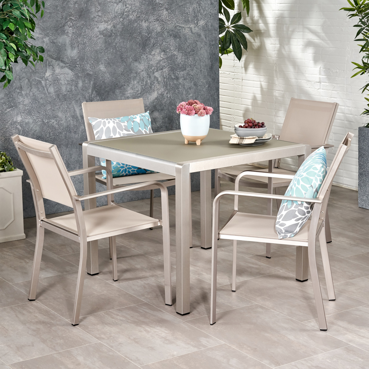 Annabelle Outdoor Modern 4 Seater Aluminum Dining Set With Faux Wood Table Top - Aluminum + Tempered Glass + Outdoor Mesh