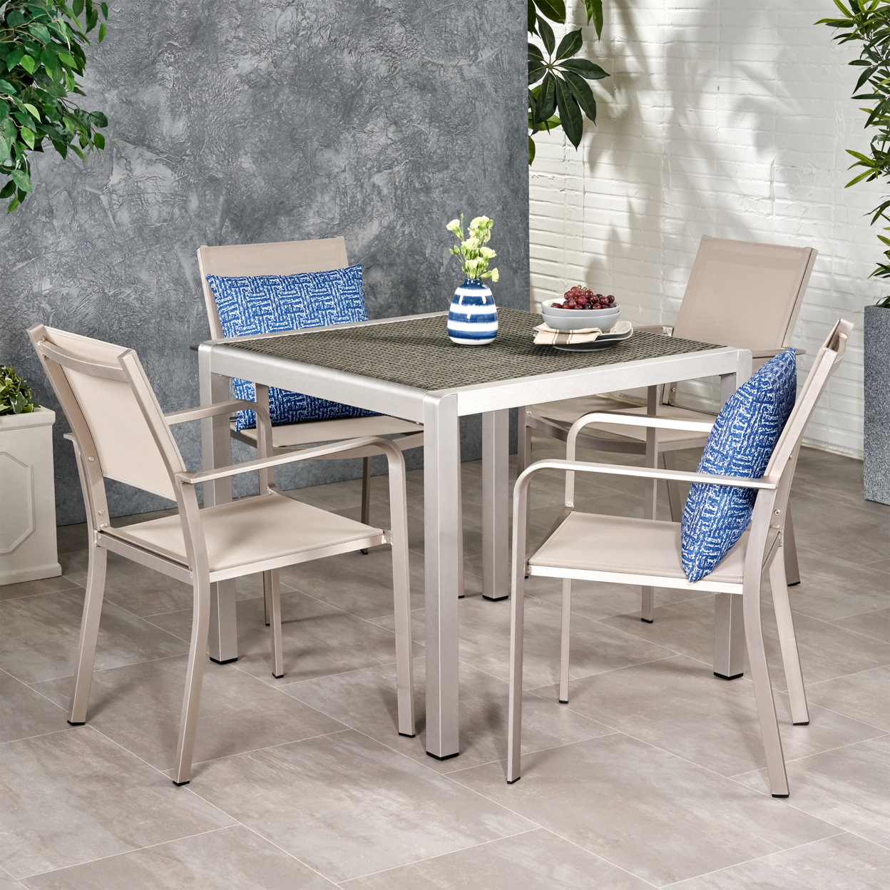 Annabelle Outdoor Modern 4 Seater Aluminum Dining Set With Faux Wood Table Top - Aluminum + Tempered Glass + Outdoor Mesh