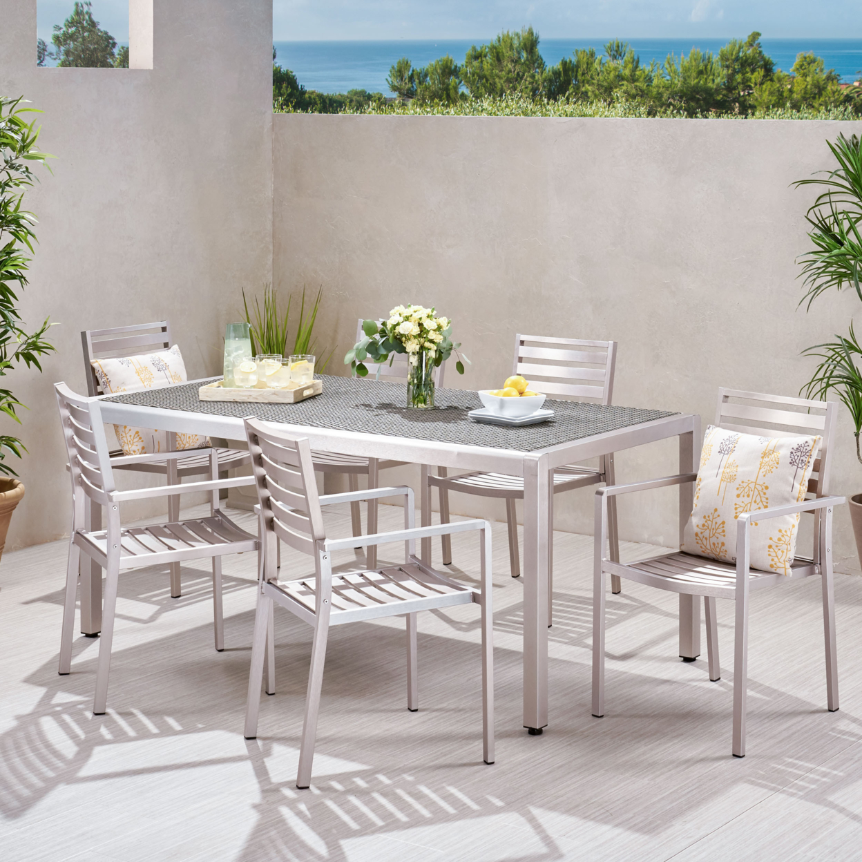Beenle Outdoor Modern 6 Seater Aluminum Dining Set With Wicker Table Top - Alu + Pe