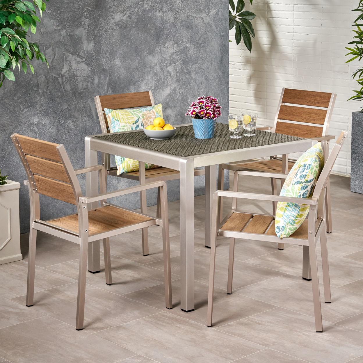 Jodie Outdoor Modern Aluminum 4 Seater Dining Set With Faux Wood Seats - Gray + Natural Finish + Silver