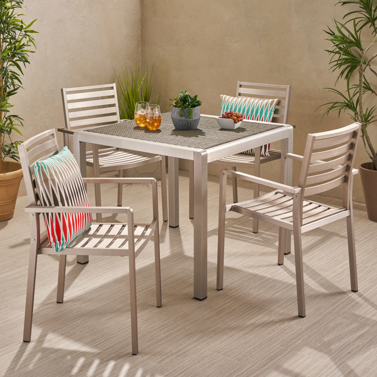 Christal Outdoor Modern 4 Seater Aluminum Dining Set With Faux Wood Table Top - Aluminum + Faux Rattan