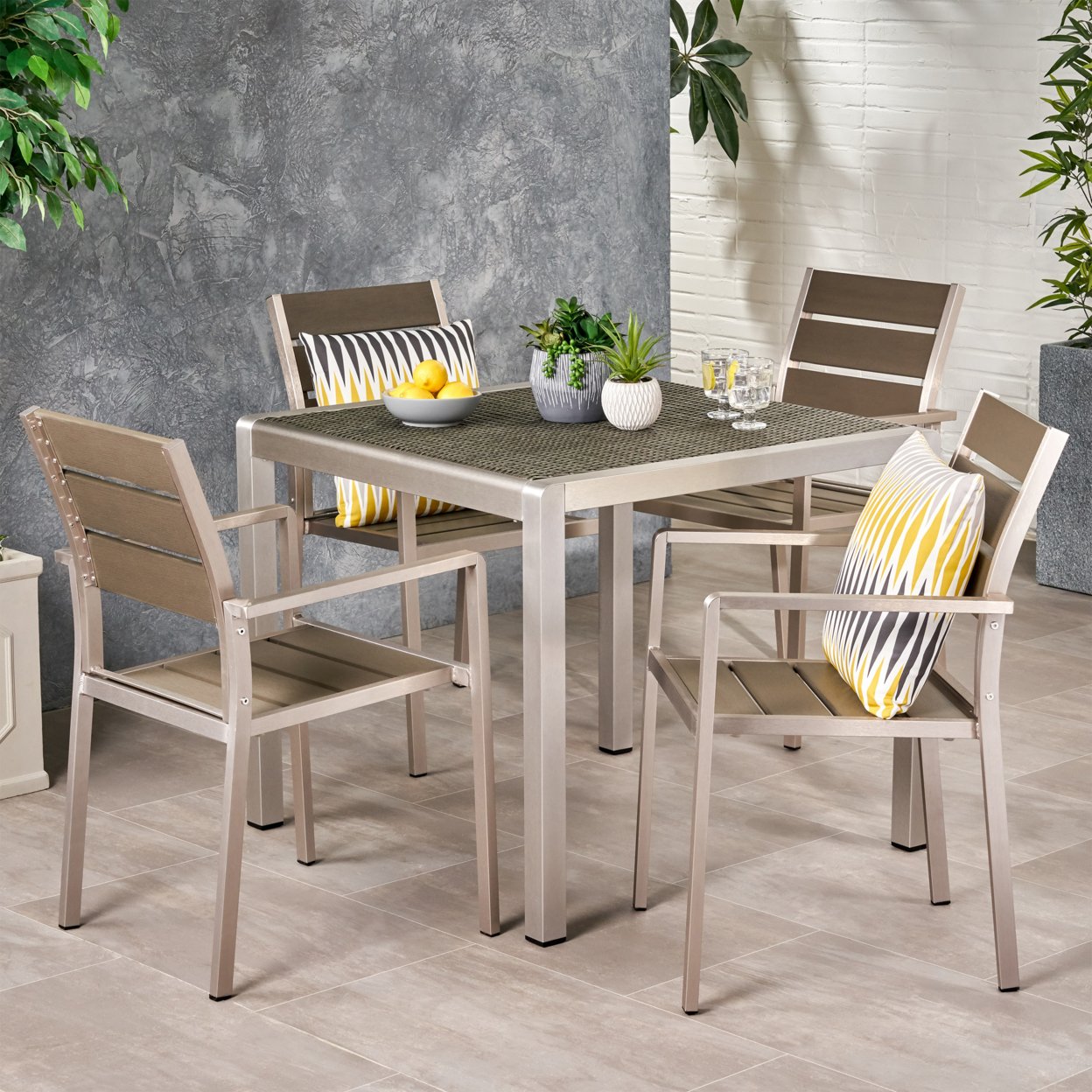 Jodie Outdoor Modern Aluminum 4 Seater Dining Set With Faux Wood Seats - Gray + Silver