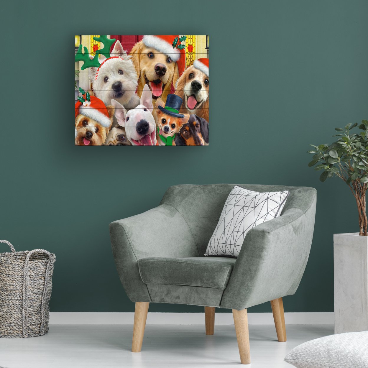 Wooden Slat Art 18 X 22 Inches Titled Christmas Dogs Ready To Hang Home Decor Picture