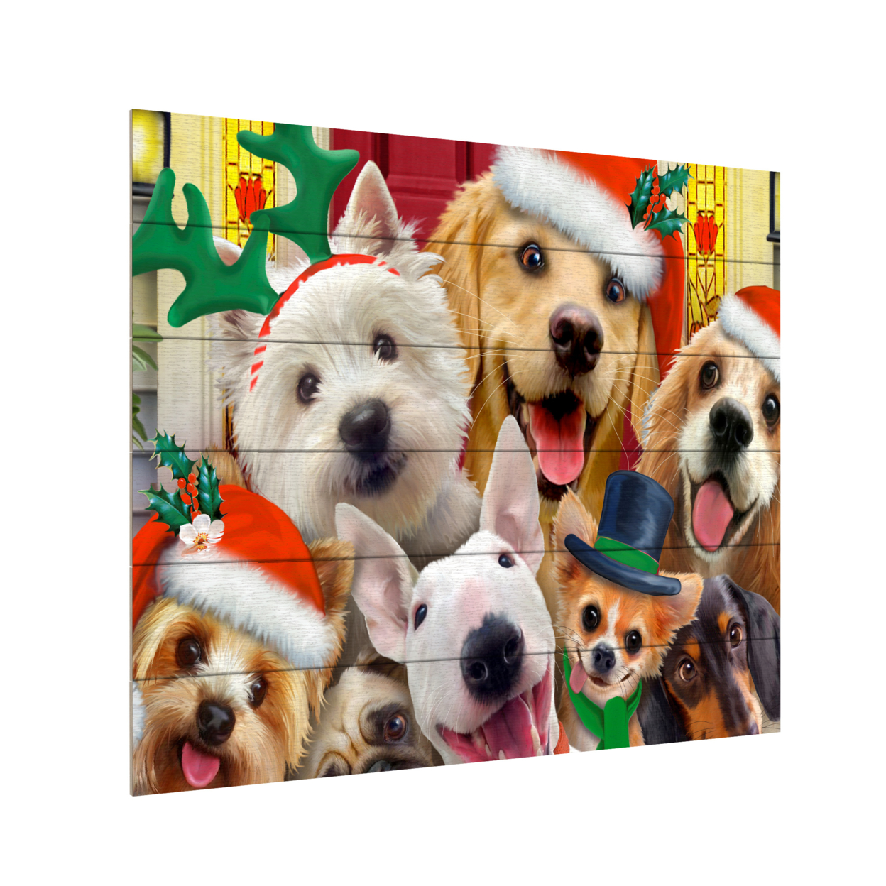 Wooden Slat Art 18 X 22 Inches Titled Christmas Dogs Ready To Hang Home Decor Picture