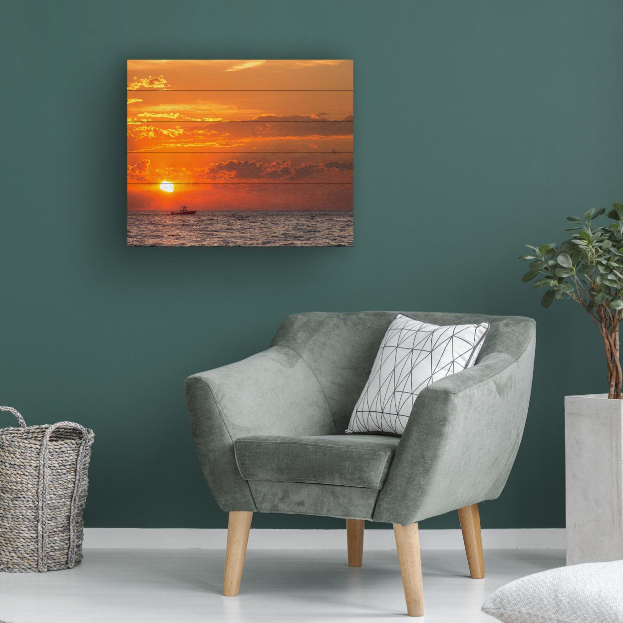 Wooden Slat Art 18 X 22 Inches Titled Fishing Boat Sunset Ready To Hang Home Decor Picture