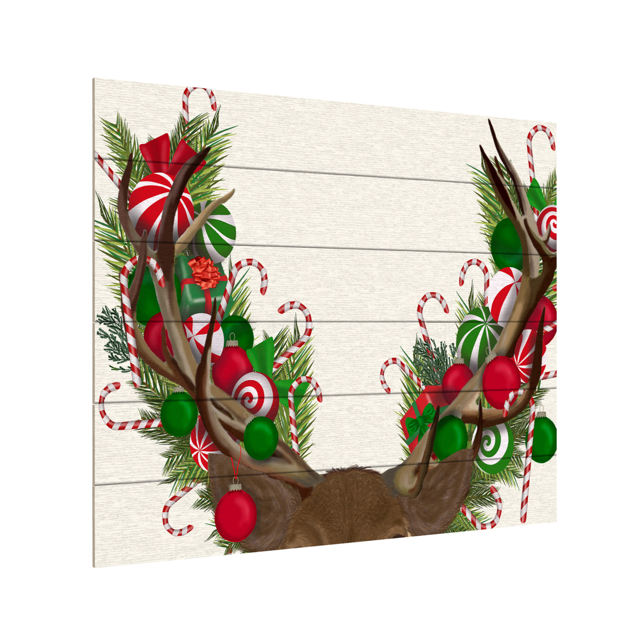 Wooden Slat Art 18 X 22 Inches Titled Deer, Candy Cane Wreath Ready To Hang Home Decor Picture
