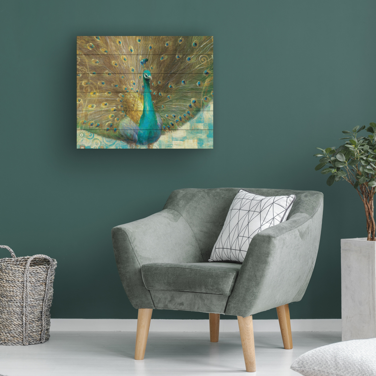 Wooden Slat Art 18 X 22 Inches Titled Teal Peacock On Gold Ready To Hang Home Decor Picture