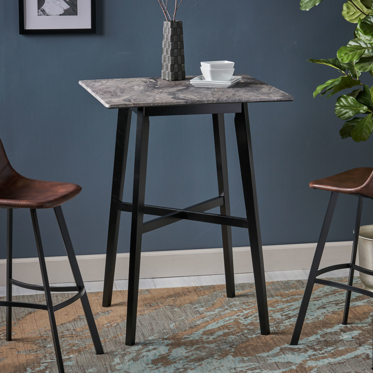 Lily Modern Bar Table With Rubberwood Legs And Laminate Table Top - Paladina Finish + Black
