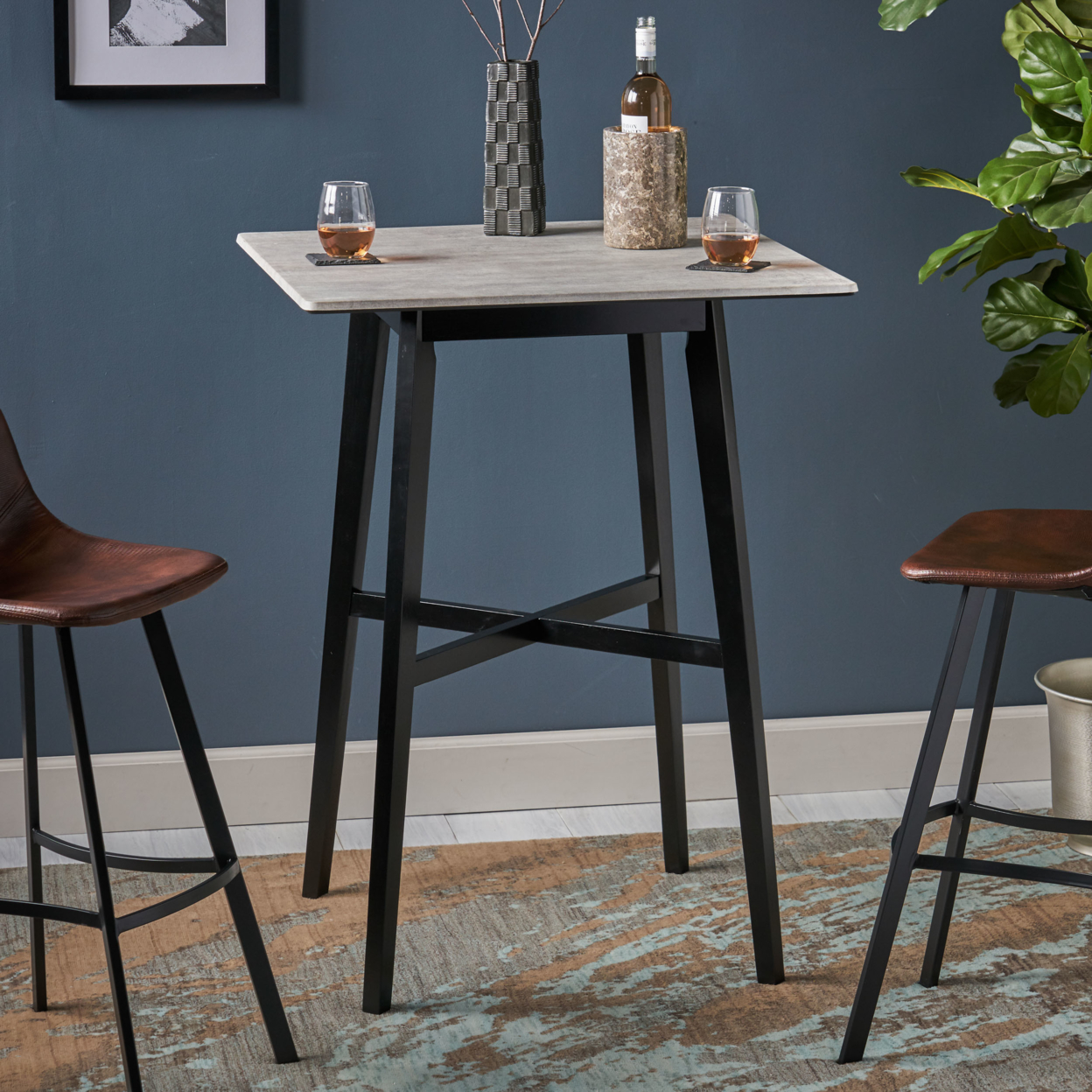 Lily Modern Bar Table With Rubberwood Legs And Laminate Table Top - Gray Finish + Black