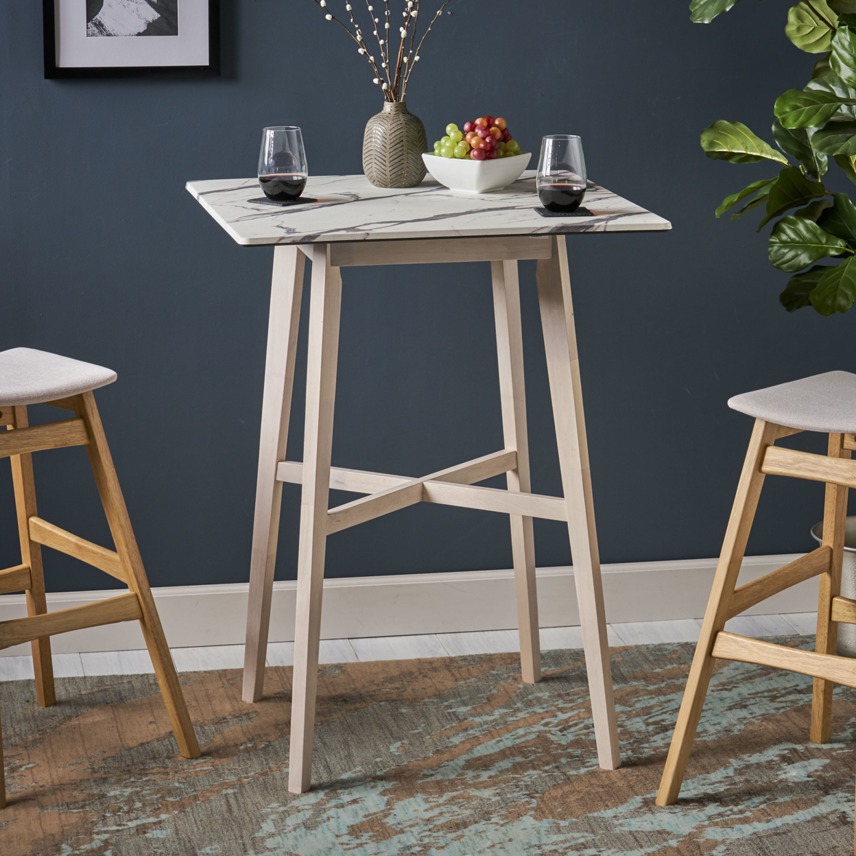 Lily Modern Bar Table With Rubberwood Legs And Laminate Table Top - Gray Finish + Black
