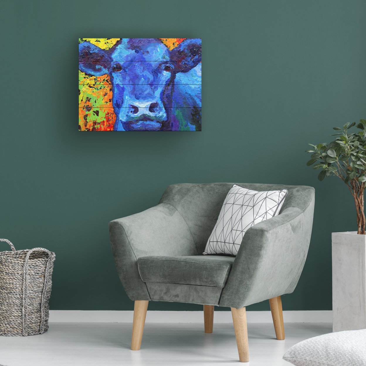 Wall Art 12 X 16 Inches Titled Blue Cow Ready To Hang Printed On Wooden Planks