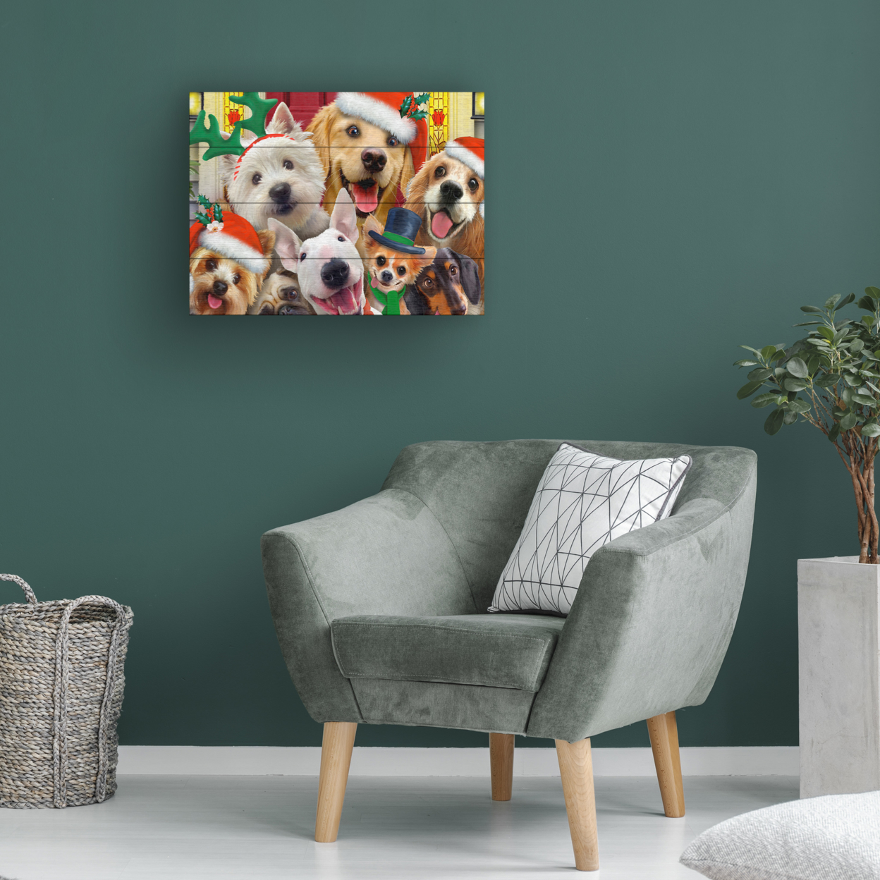 Wall Art 12 X 16 Inches Titled Christmas Dogs Ready To Hang Printed On Wooden Planks