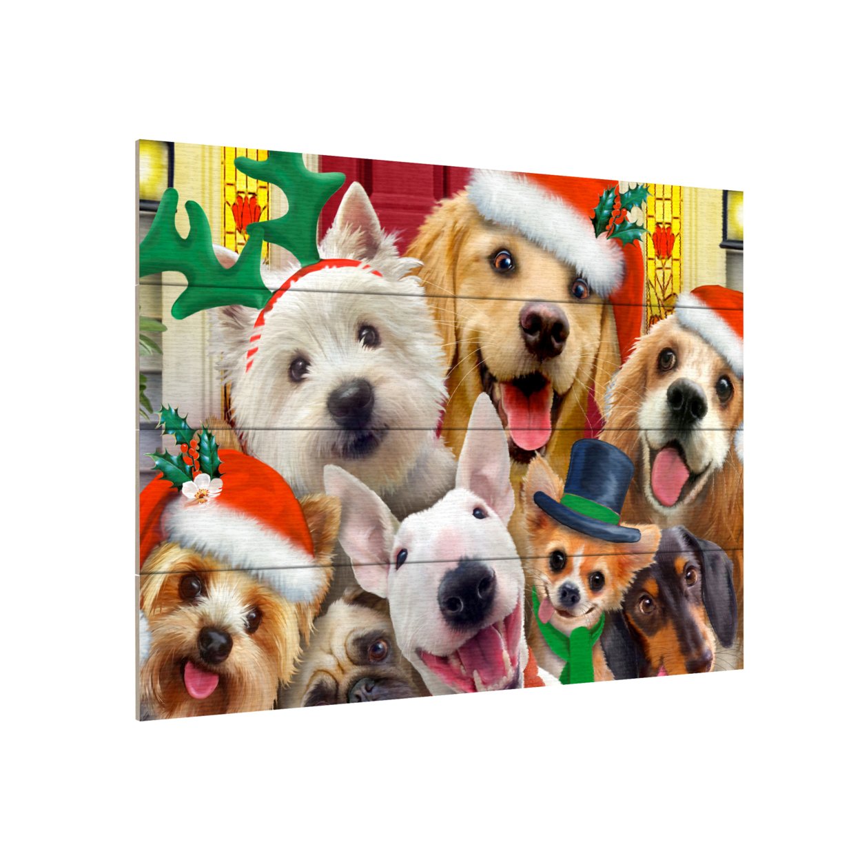 Wall Art 12 X 16 Inches Titled Christmas Dogs Ready To Hang Printed On Wooden Planks