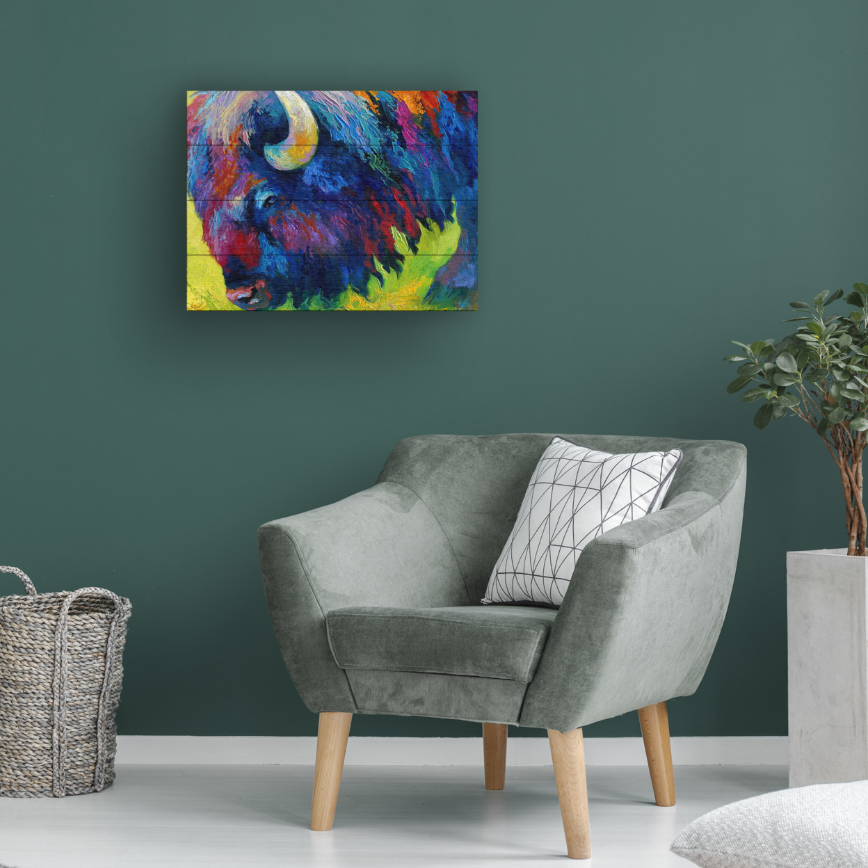 Wall Art 12 X 16 Inches Titled Bison Portrait II Ready To Hang Printed On Wooden Planks