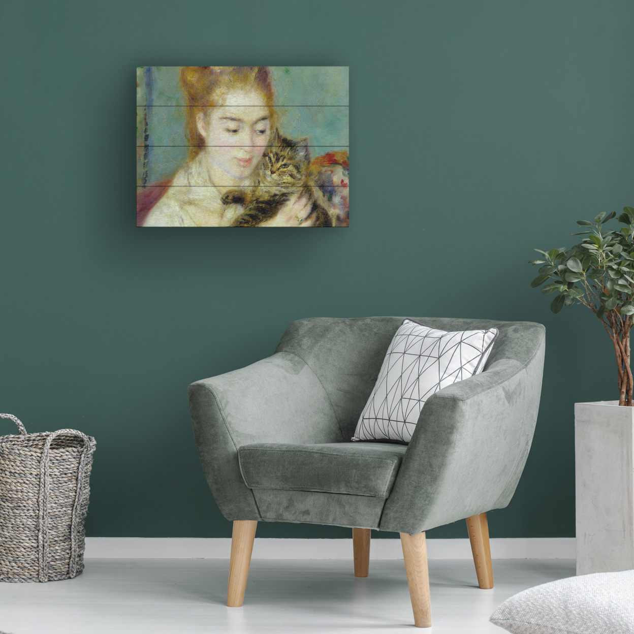 Wall Art 12 X 16 Inches Titled Woman With A Cat 1875 Ready To Hang Printed On Wooden Planks
