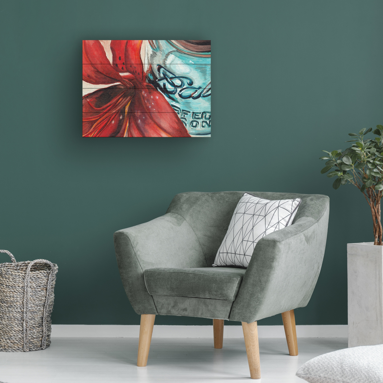 Wall Art 12 X 16 Inches Titled Ball Jar Red Lily Ready To Hang Printed On Wooden Planks