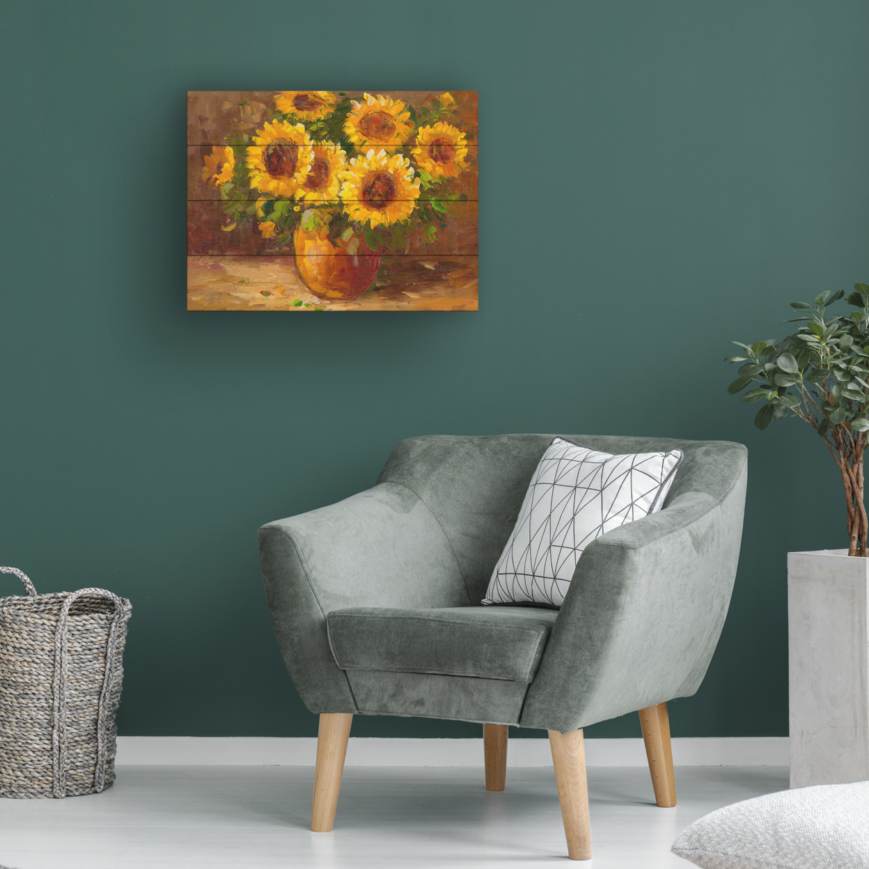 Wall Art 12 X 16 Inches Titled Sunflowers Still Life Ready To Hang Printed On Wooden Planks
