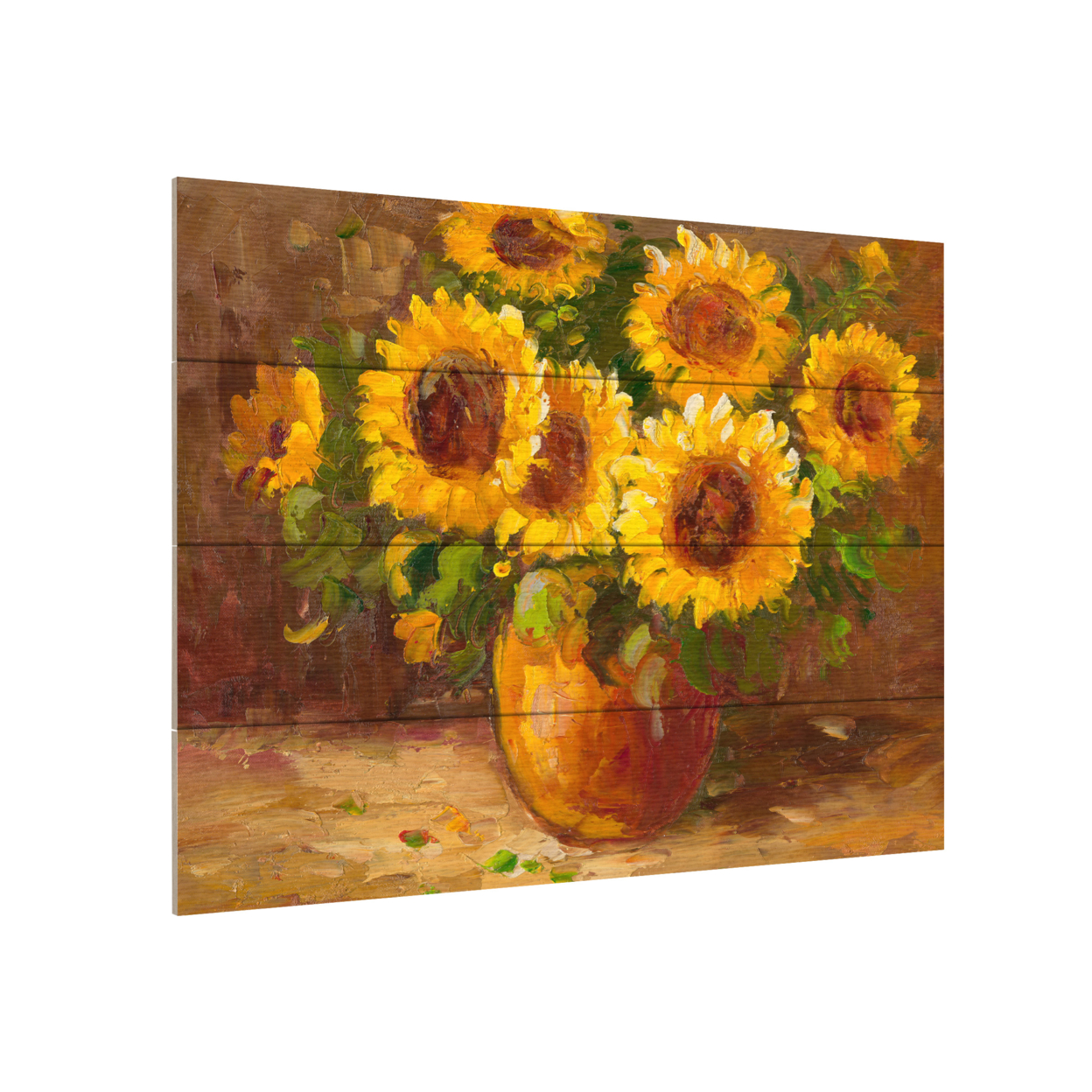 Wall Art 12 X 16 Inches Titled Sunflowers Still Life Ready To Hang Printed On Wooden Planks