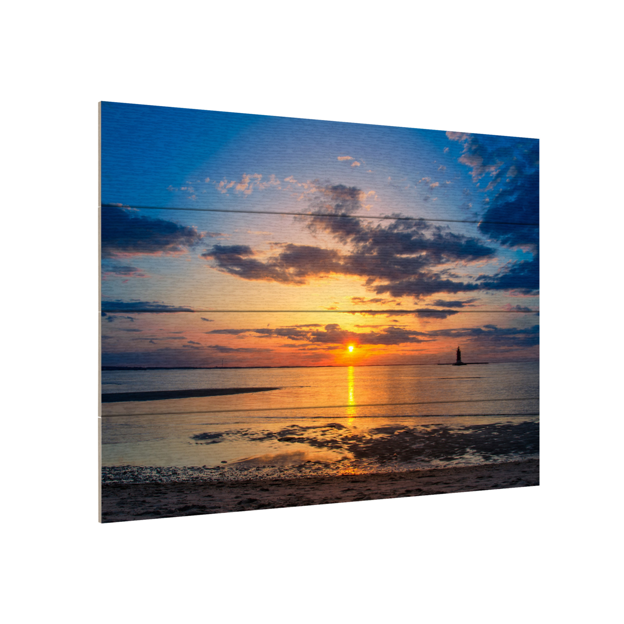 Wall Art 12 X 16 Inches Titled Sunset Breakwater Lighthouse Ready To Hang Printed On Wooden Planks