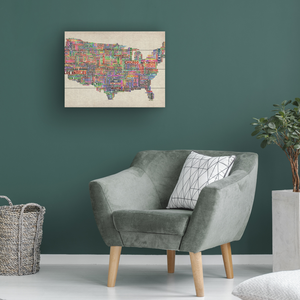 Wall Art 12 X 16 Inches Titled US Cities Text Map VI Ready To Hang Printed On Wooden Planks