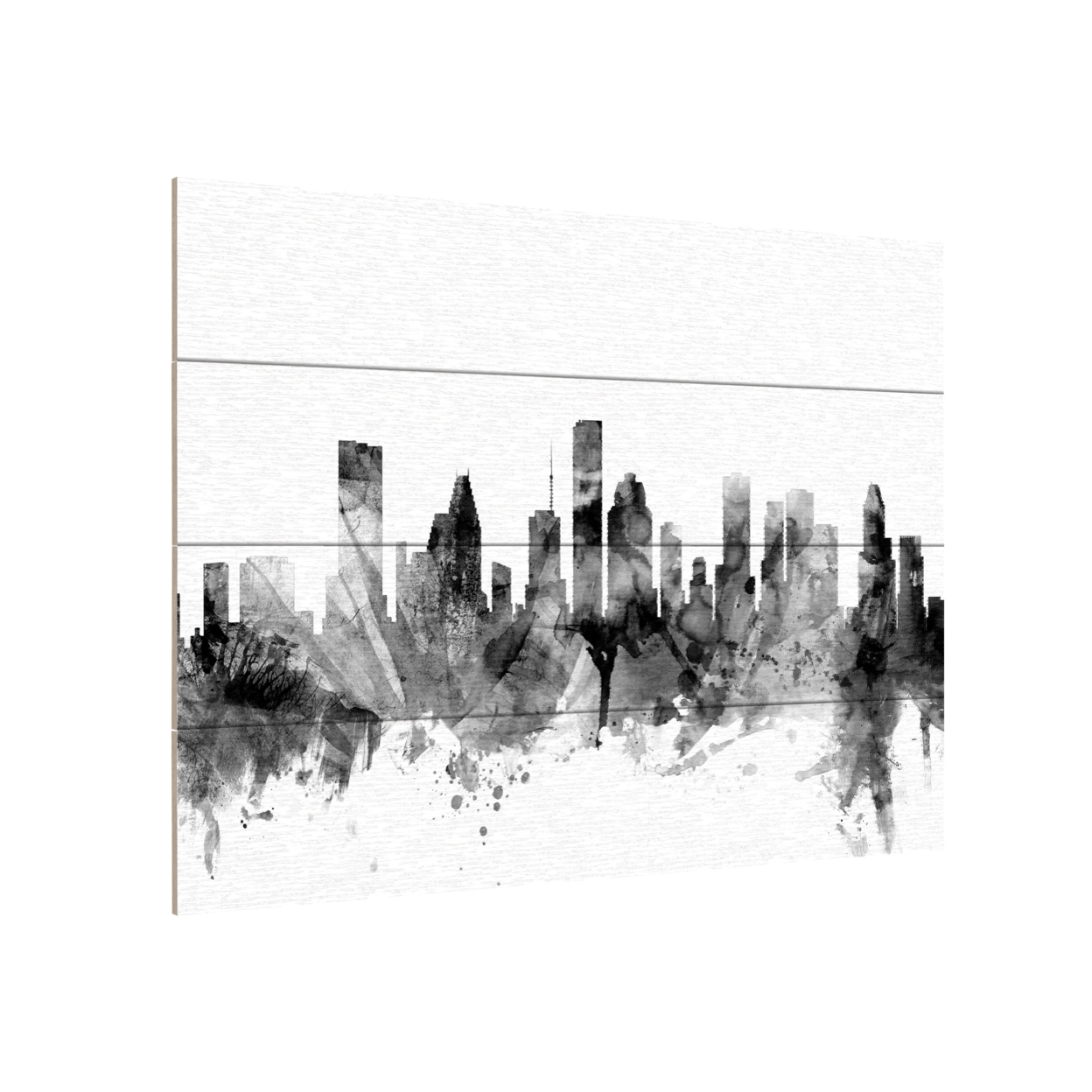 Wall Art 12 X 16 Inches Titled Houston Texas Skyline B&W Ready To Hang Printed On Wooden Planks