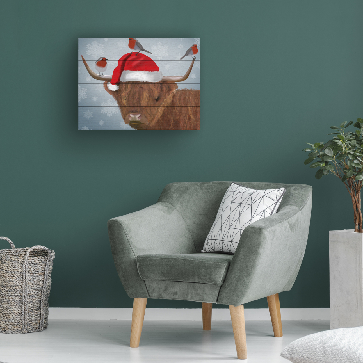 Wall Art 12 X 16 Inches Titled Highland Cow And Robins Ready To Hang Printed On Wooden Planks