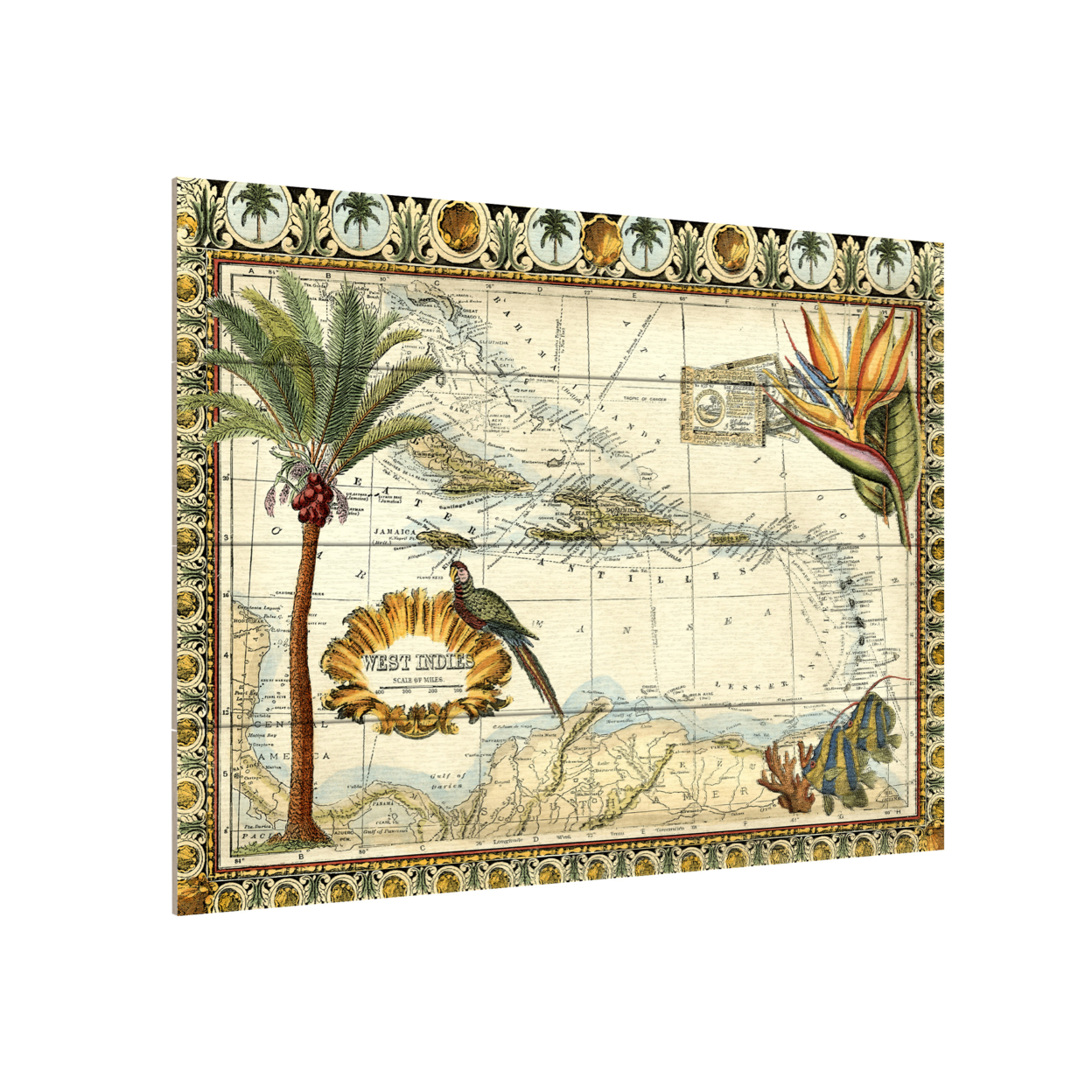 Wall Art 12 X 16 Inches Titled Tropical Map Of West Indies Ready To Hang Printed On Wooden Planks
