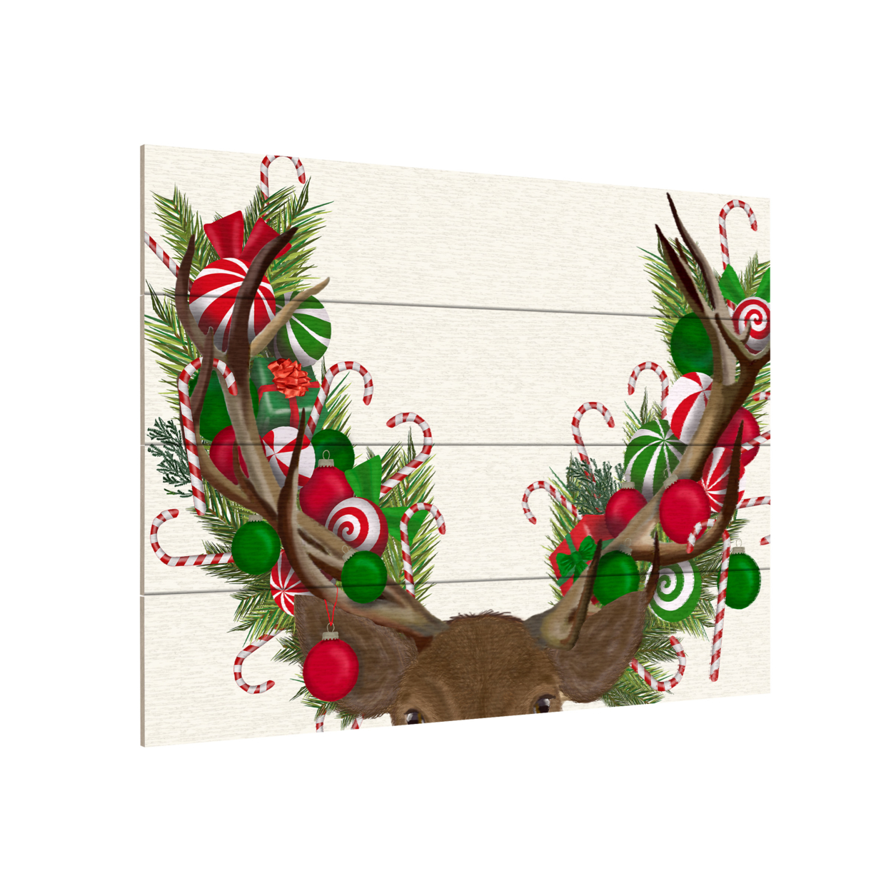 Wall Art 12 X 16 Inches Titled Deer, Candy Cane Wreath Ready To Hang Printed On Wooden Planks