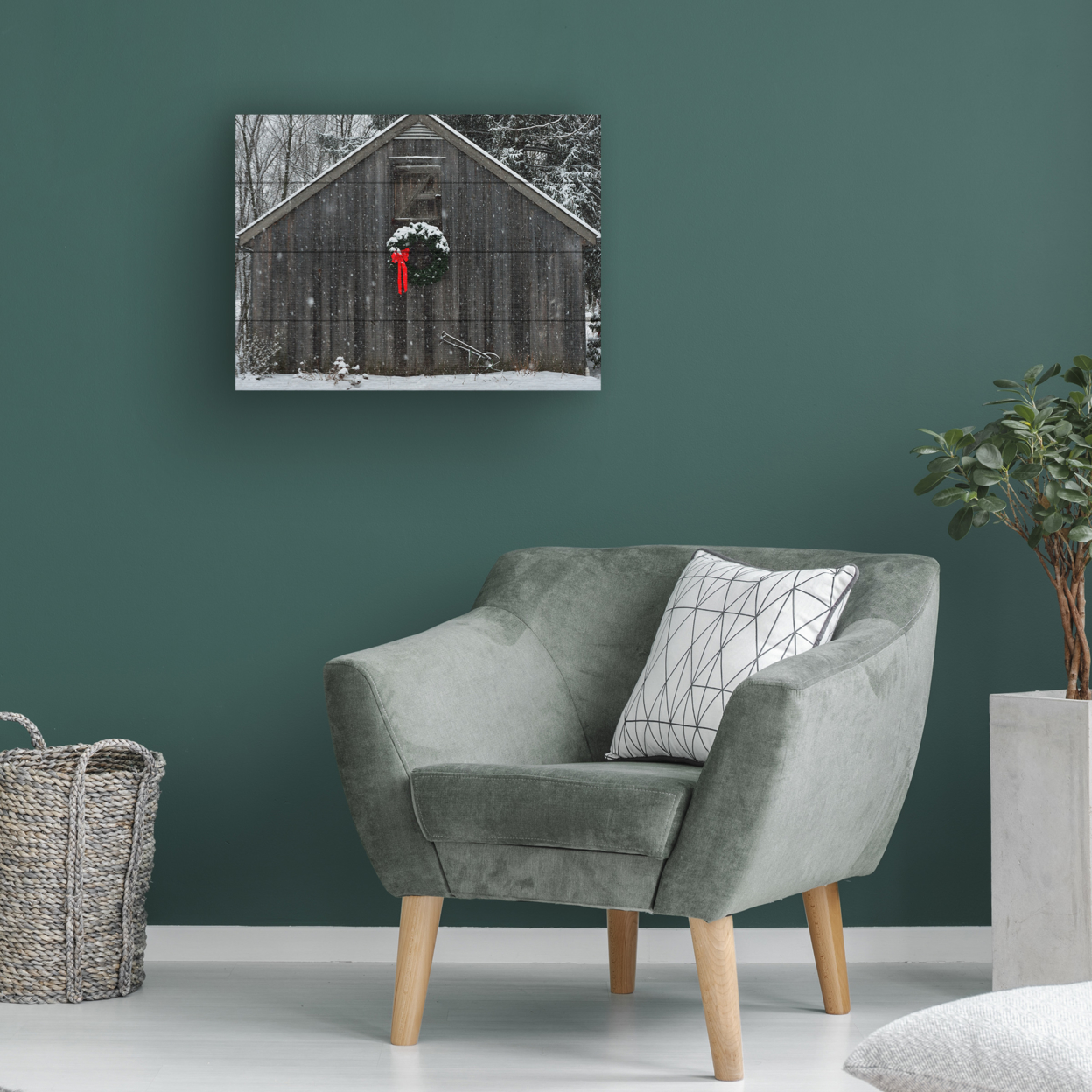 Wall Art 12 X 16 Inches Titled Christmas Barn In The Snow Ready To Hang Printed On Wooden Planks