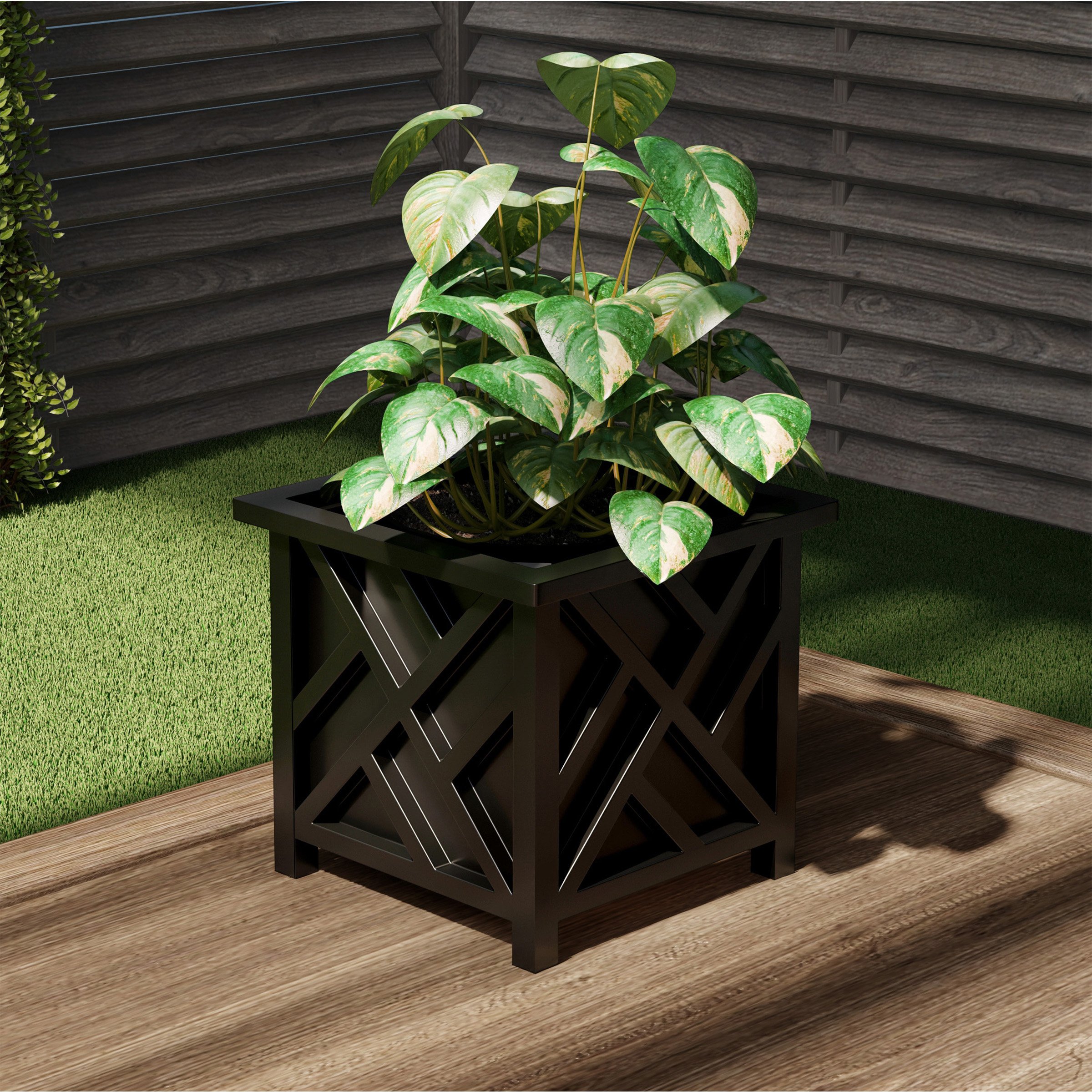 Square Planter Box- Black Lattice Container For Flowers & Plants Bottom Insert Holds Soil Outdoor Pot For Garden Patio - Black