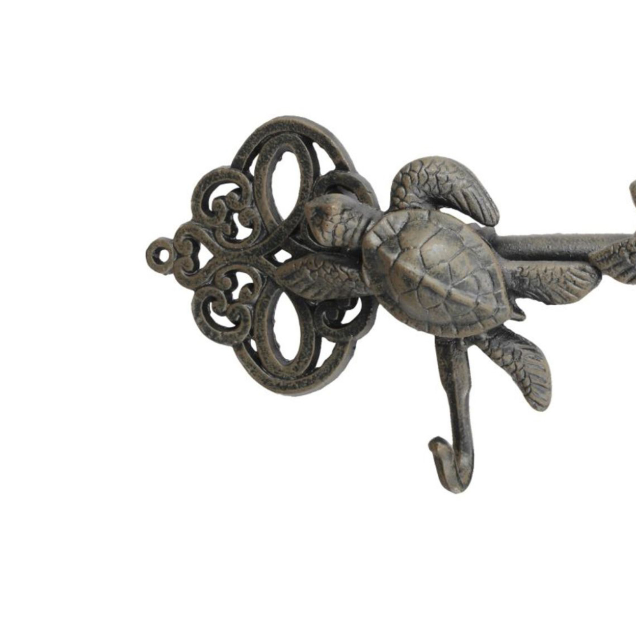 Decorative Sea Turtles Iron Wall Hook On Antique Key, Gray- Saltoro Sherpi