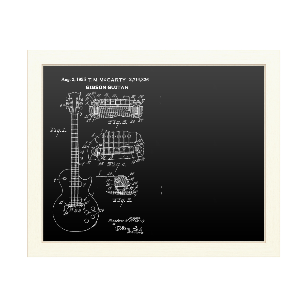 16 X 20 Chalk Board With Printed Artwork - Claire Doherty 1955 Mccarty Gibson Guitar Patent Black White Board - Ready To Hang Chalkboard