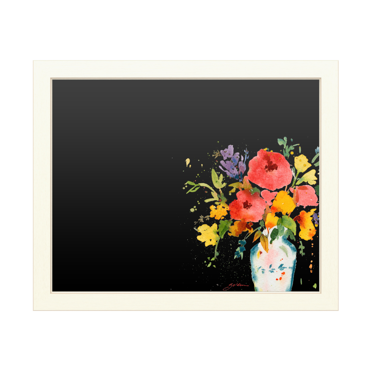 16 X 20 Chalk Board With Printed Artwork - Sheila Golden White Vase With Bright Flowers White Board - Ready To Hang Chalkboard