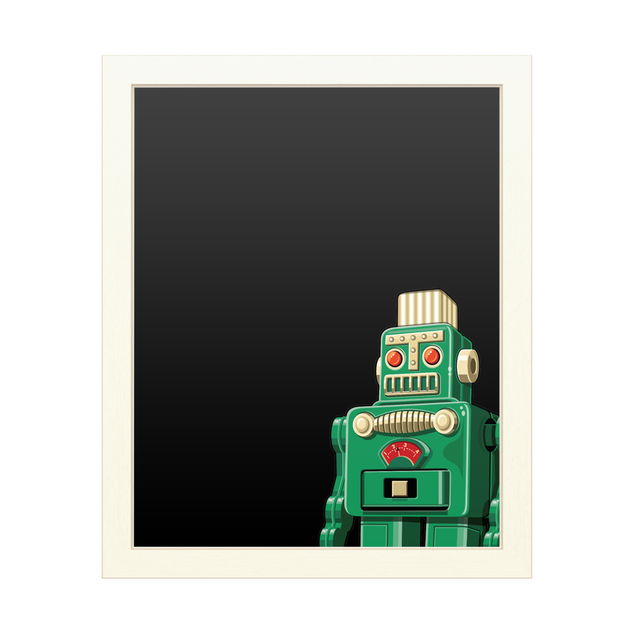 16 X 20 Chalk Board With Printed Artwork - Ron Magnes Vintage Green Robot White Board - Ready To Hang Chalkboard