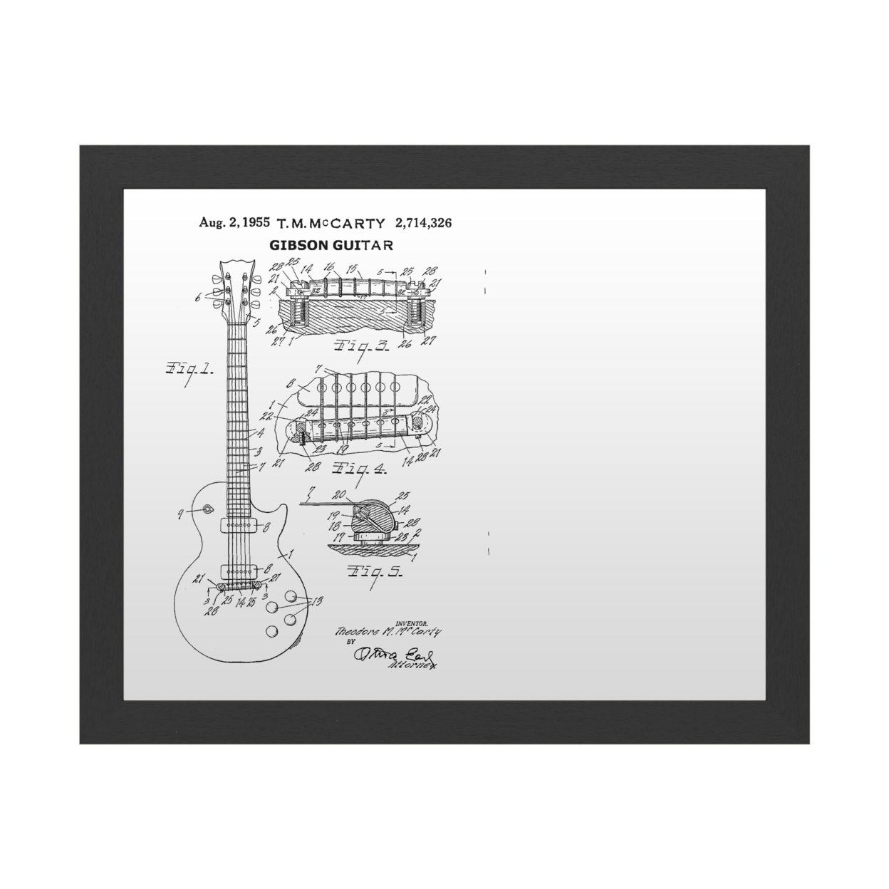 Dry Erase 16 X 20 Marker Board With Printed Artwork - Claire Doherty 1955 Mccarty Gibson Guitar Patent Black White Board - Ready To Hang