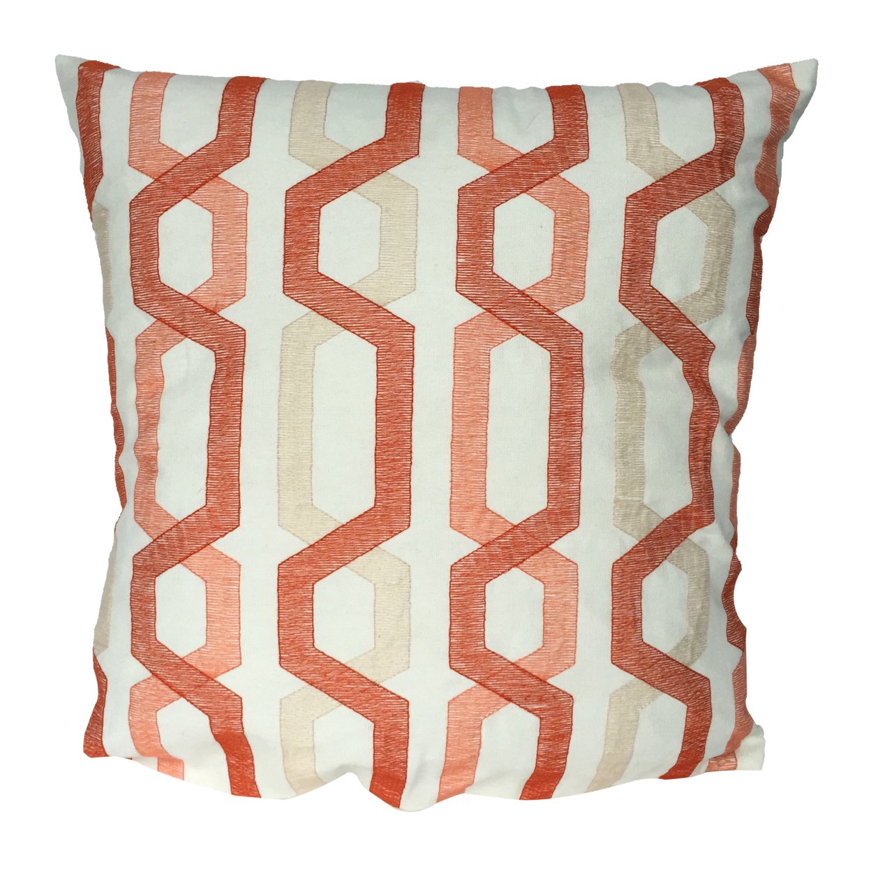 Contemporary Cotton Pillow With Geometric Embroidery, Red And Cream- Saltoro Sherpi