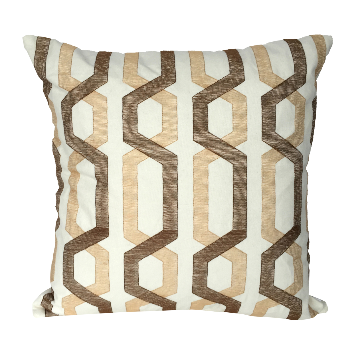 Contemporary Cotton Pillow With Geometric Embroidery, White And Brown- Saltoro Sherpi