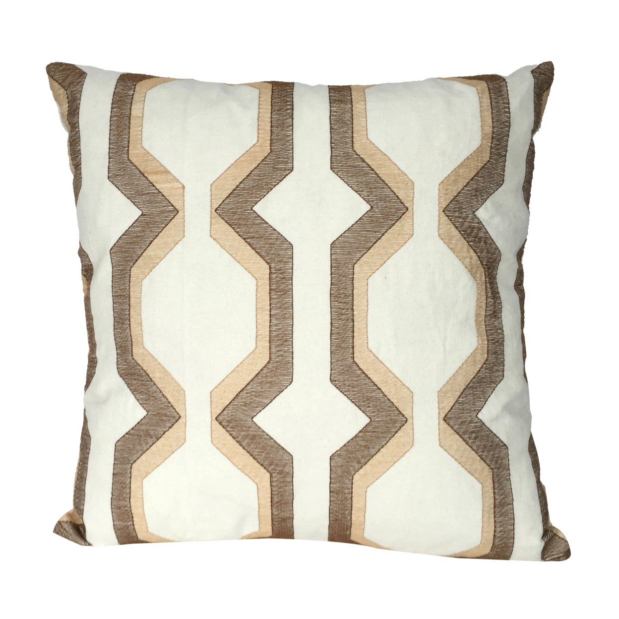 Contemporary Cotton Pillow With Geometric Embroidery, Brown And White- Saltoro Sherpi