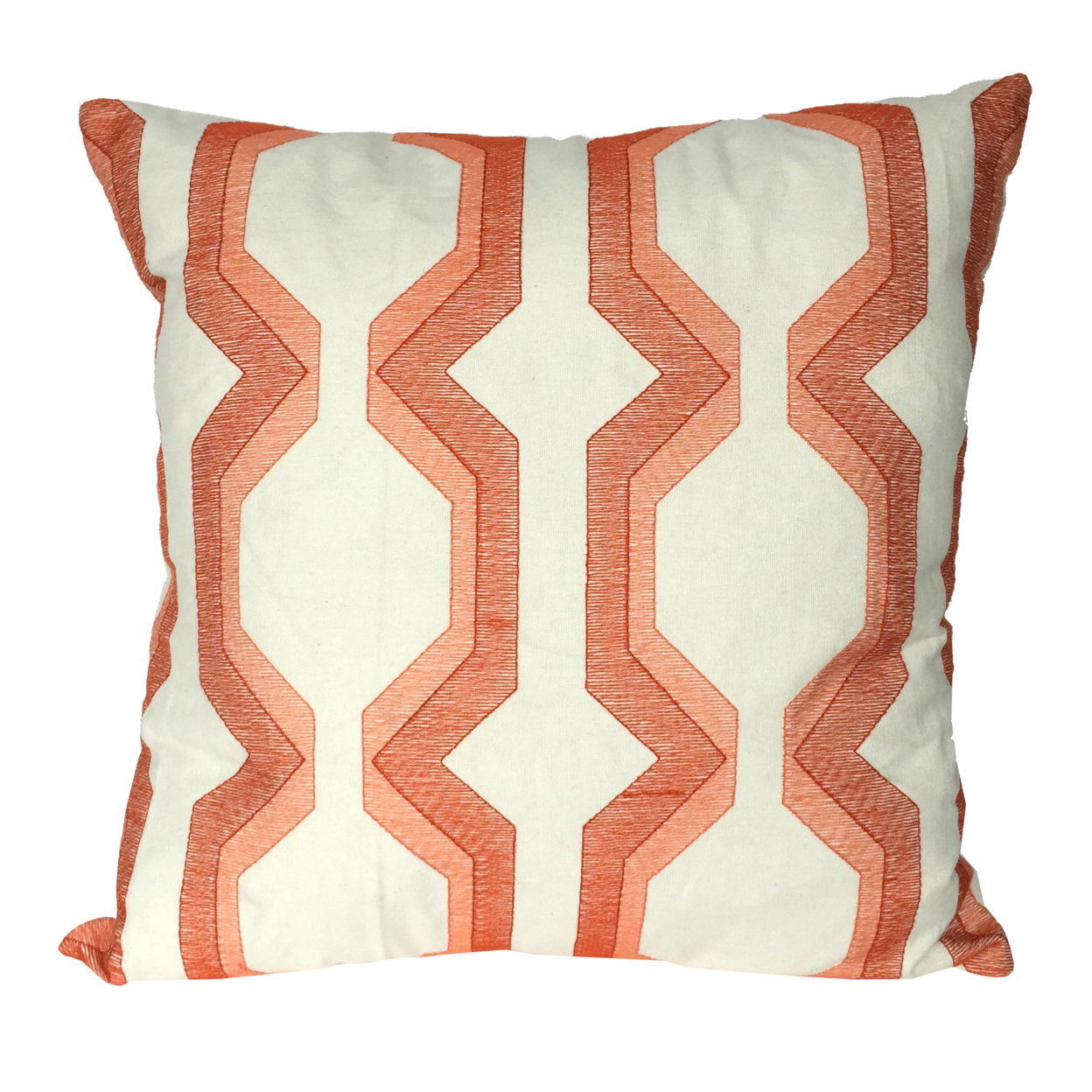 Contemporary Cotton Pillow With Geometric Embroidery, Red And White- Saltoro Sherpi